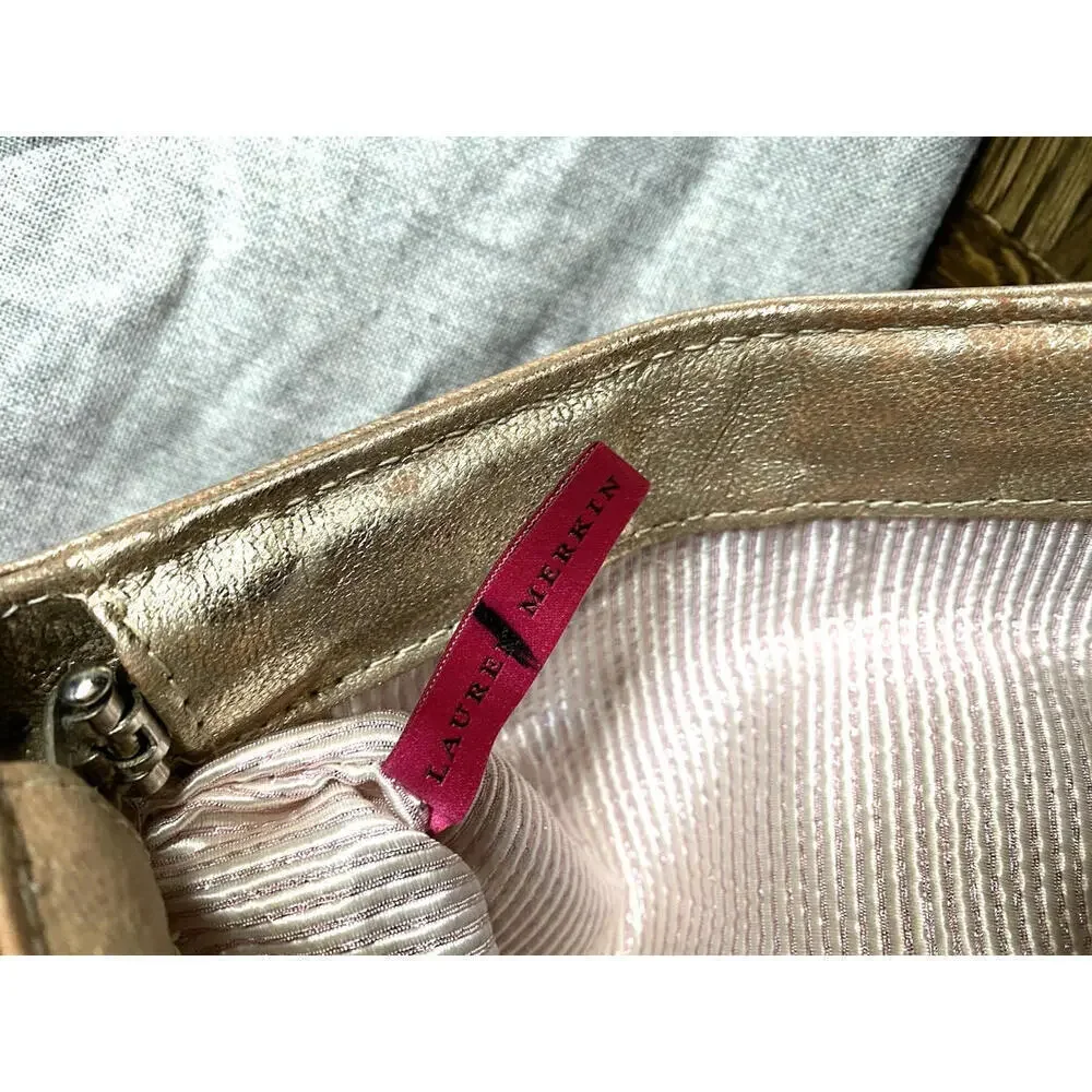 Lauren Merkin Leather Clutch Purse Small Gold Silver Embossed Leather Evening